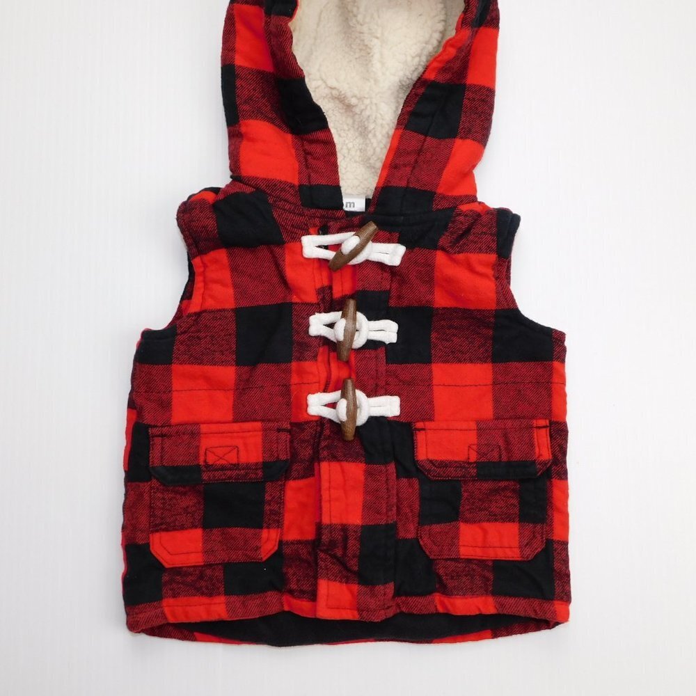 Carters Buffalo Plaid Red Black Hooded Fleece Lined Vest Baby Boy 6 Months 6M - Picture 4 of 7